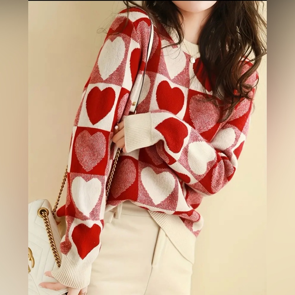 New Heart Pattern Knitted Pullover Sweater, Cotton Wool blend XL - Picture 2 of 12